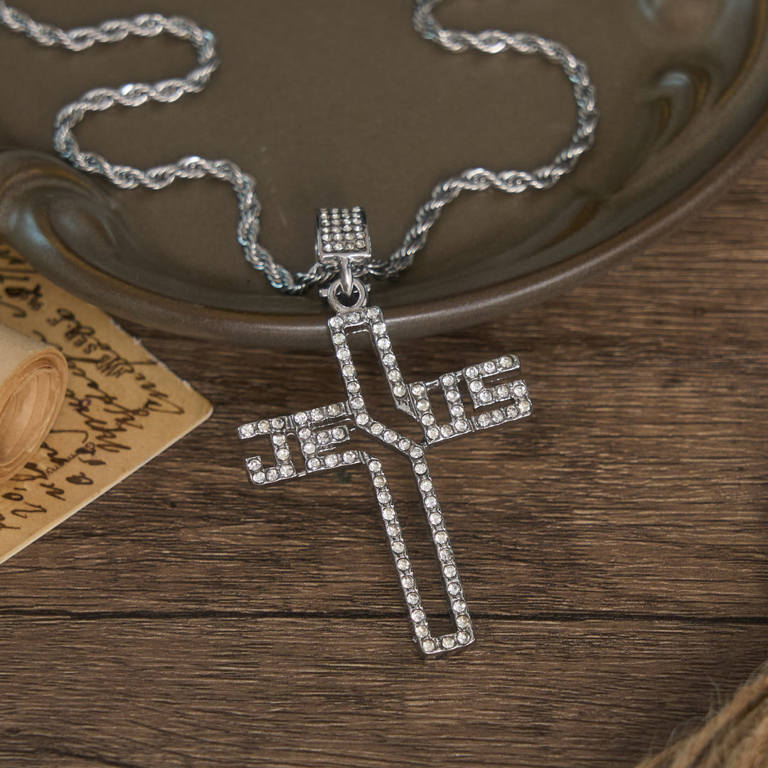 Christianartworkshop Hollow Script Jesus Cross Necklace With Inlaid Stones: Symbol of Enduring Faith - Silver - image 4