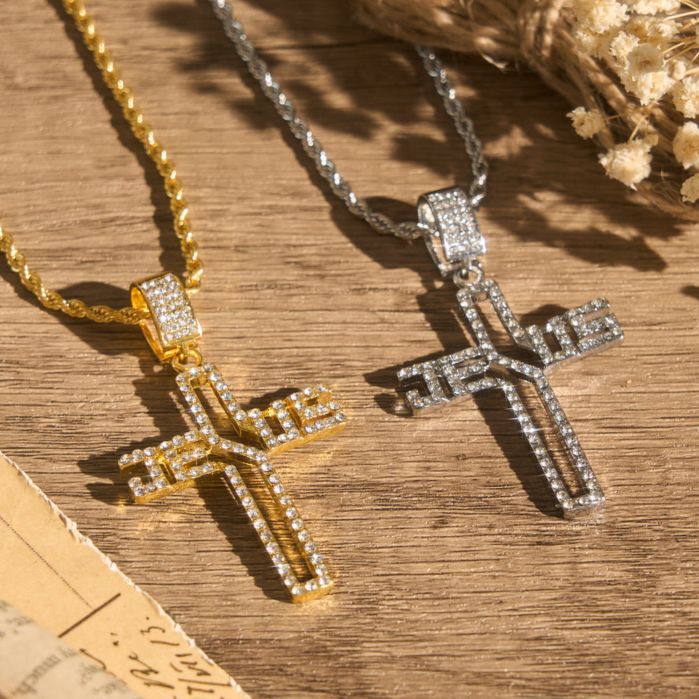 Christianartworkshop Hollow Script Jesus Cross Necklace With Inlaid Stones: Symbol of Enduring Faith - image 1