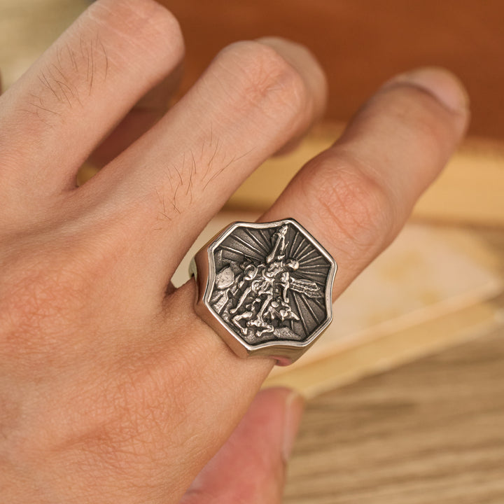 FREE Today: Octagonal Embossed Archangel Sculpted Ring: Emblem of Valiant Heavenly Protection - Silver - US 13 - image 4