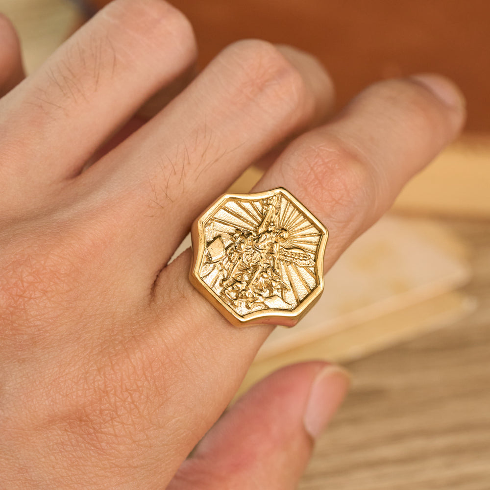 FREE Today: Octagonal Embossed Archangel Sculpted Ring: Emblem of Valiant Heavenly Protection - Golden - US 13 - image 1