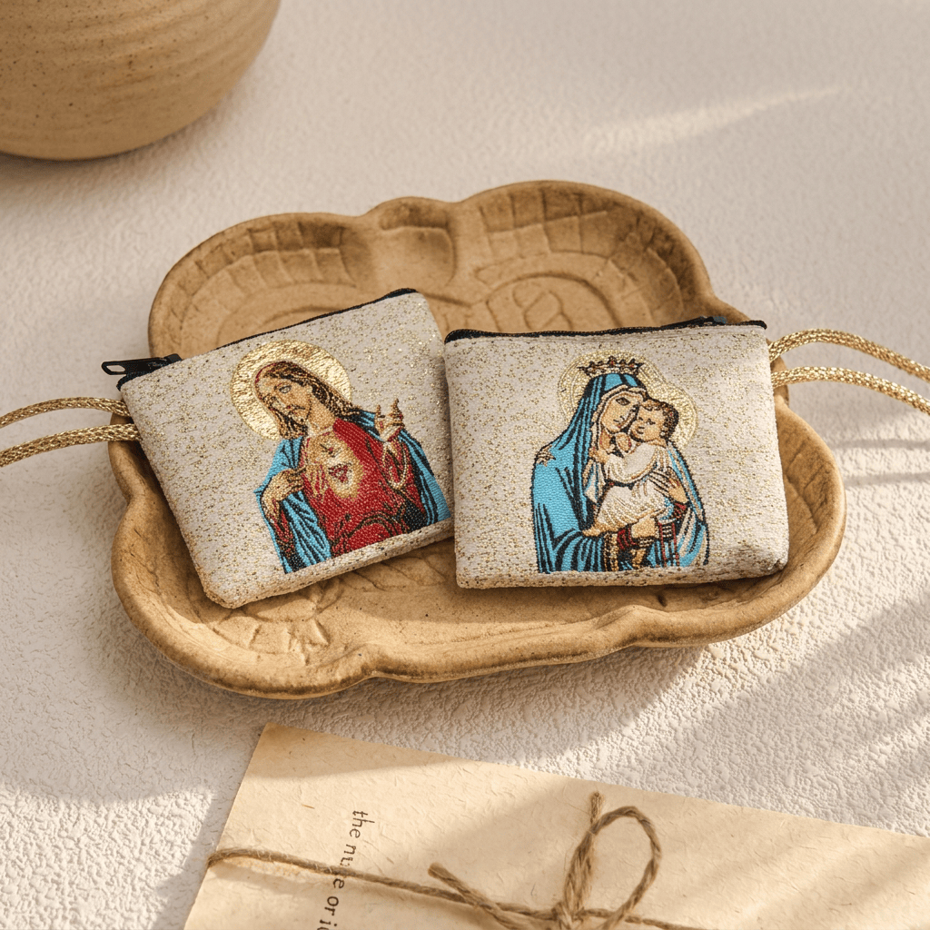 Christianartworkshop Sacred Figure Printed Fabric Rosary Case: Token of Gentle Divine Peace - Sacred Heart of Jesus&Madonna and Child - image 7