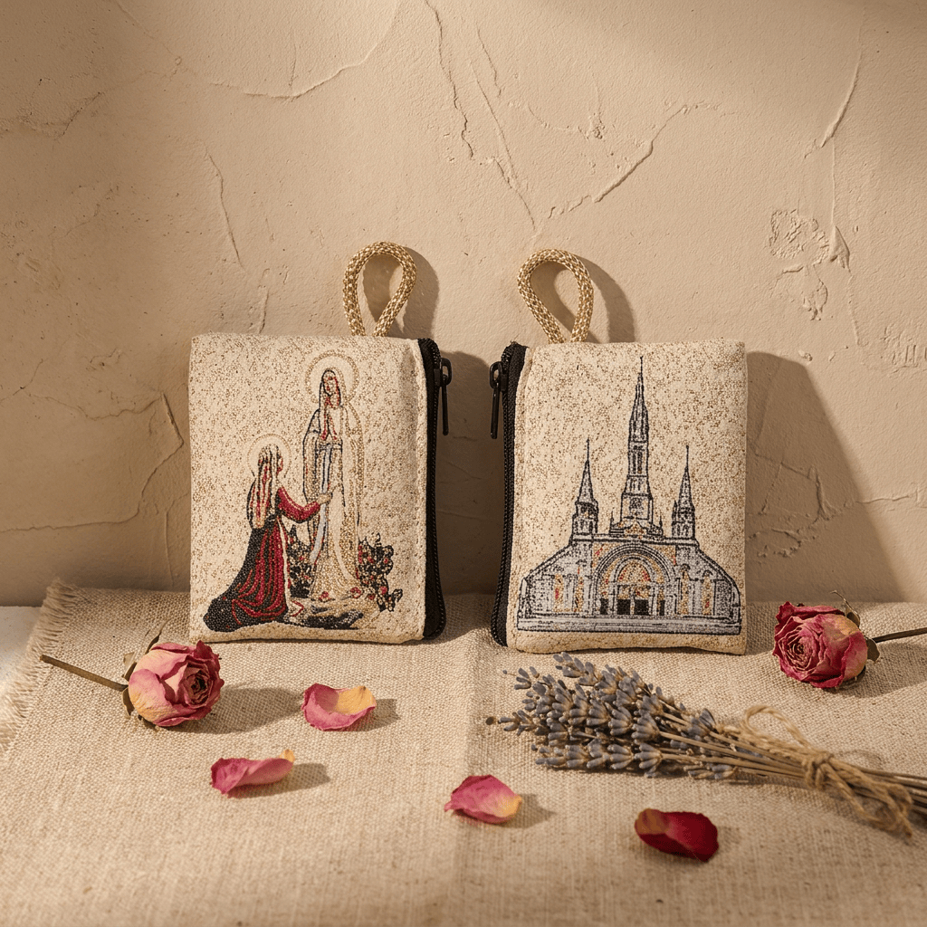 Christianartworkshop Sacred Figure Printed Fabric Rosary Case: Token of Gentle Divine Peace - Our Lady of Lourdes Apparition&Basilica of Lourdes - image 8