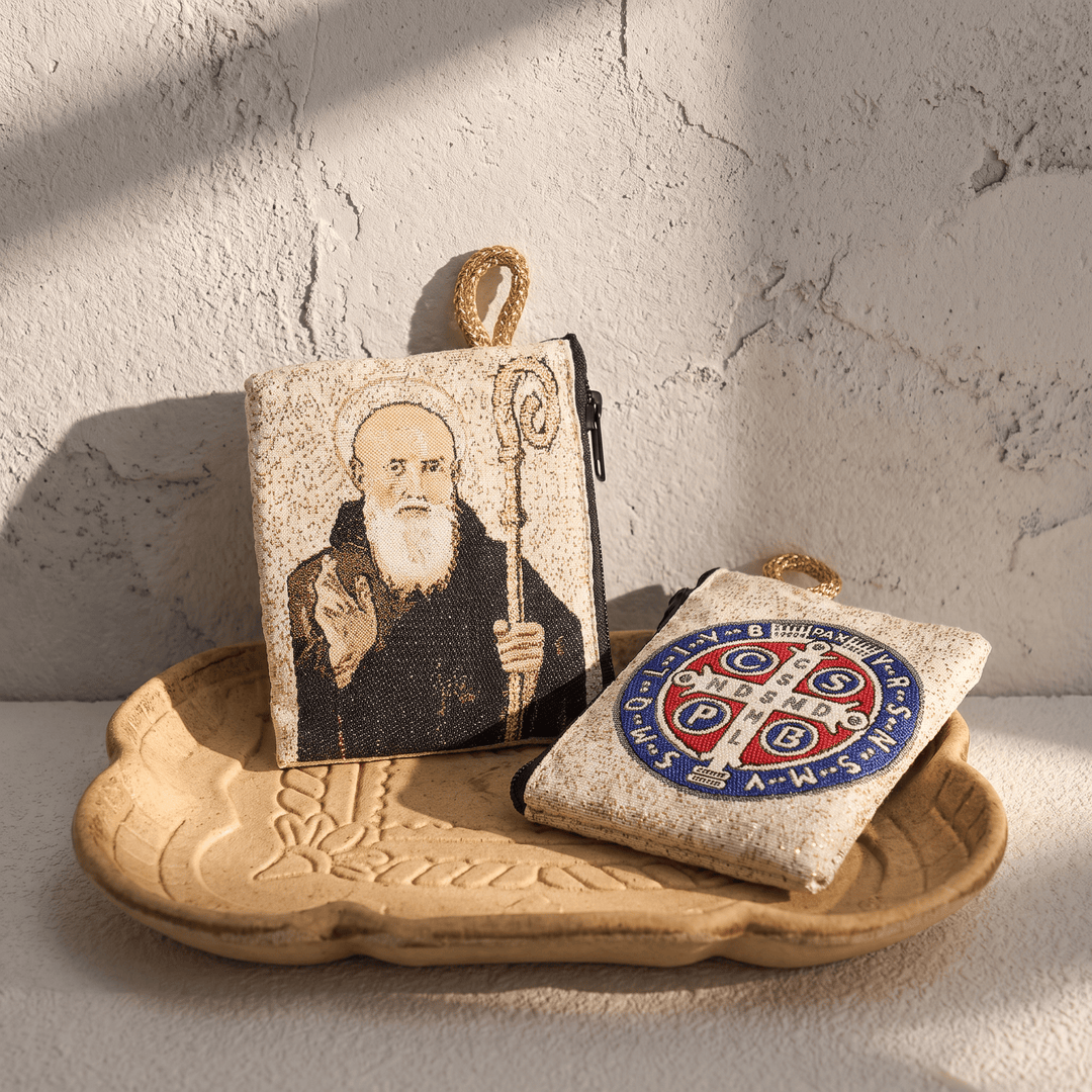 Christianartworkshop Sacred Figure Printed Fabric Rosary Case: Token of Gentle Divine Peace - St. Benedict - image 0
