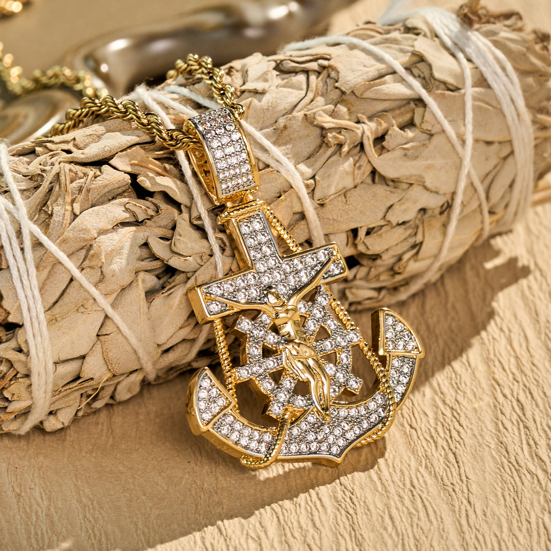 Christianartworkshop Fully‑Stoned Anchor Crucifix Ship‑Wheel Pendant Necklace: Emblem of Steadfast Heavenly Hope - image 1