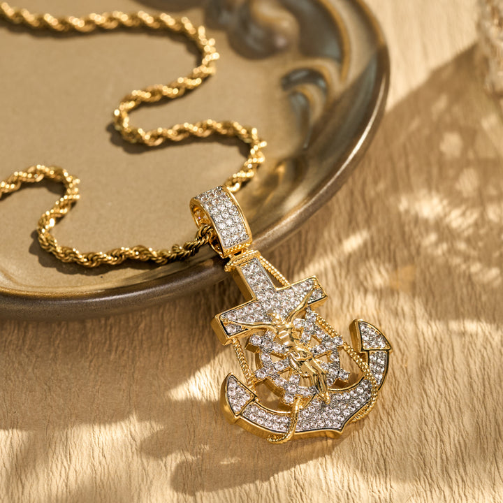 Christianartworkshop Fully‑Stoned Anchor Crucifix Ship‑Wheel Pendant Necklace: Emblem of Steadfast Heavenly Hope - Crucifix - image 0