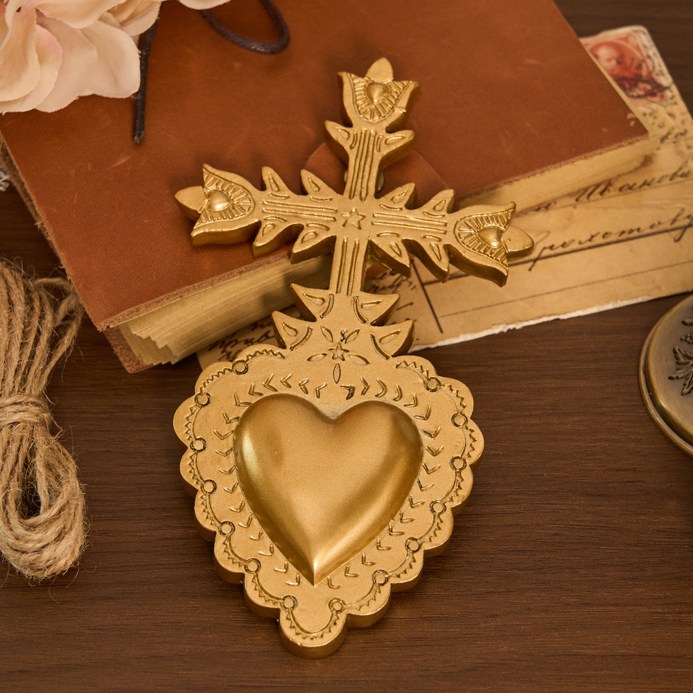 Christianartworkshop Vintage Golden Carved Cross‑Sacred Heart Wall Hanging: Emblem of Tender Devoted Affection - image 1
