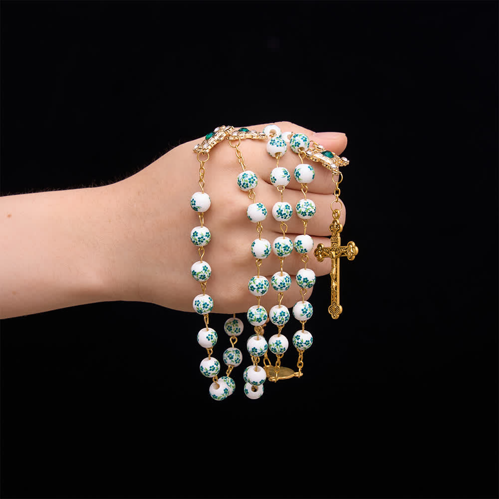 FREE Today: Vintage Green Floral Porcelain Rosary With Jeweled Flower Links: Emblem of Timeless Heavenly Blessing - image 1