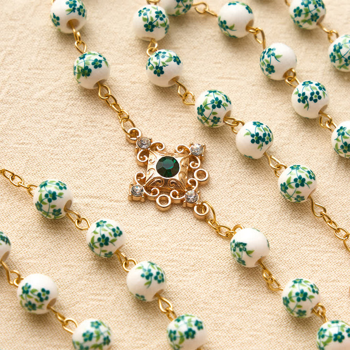 FREE Today: Vintage Green Floral Porcelain Rosary With Jeweled Flower Links: Emblem of Timeless Heavenly Blessing - image 5