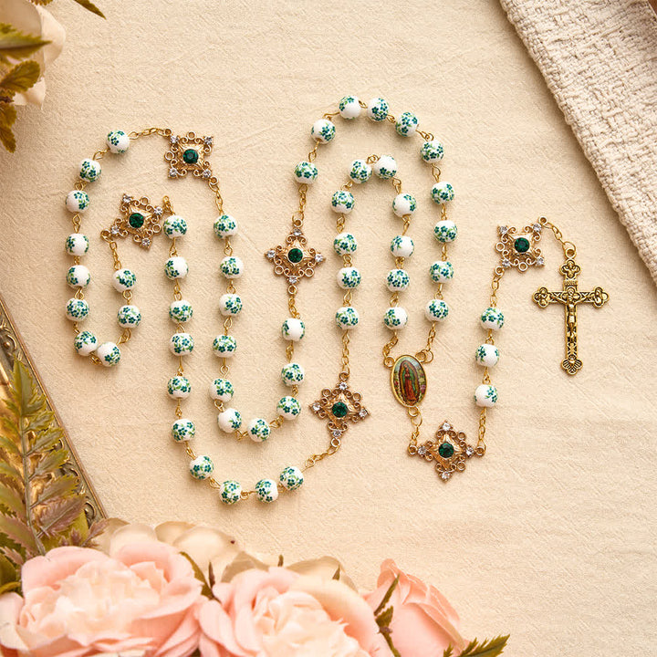 FREE Today: Vintage Green Floral Porcelain Rosary With Jeweled Flower Links: Emblem of Timeless Heavenly Blessing - image 2