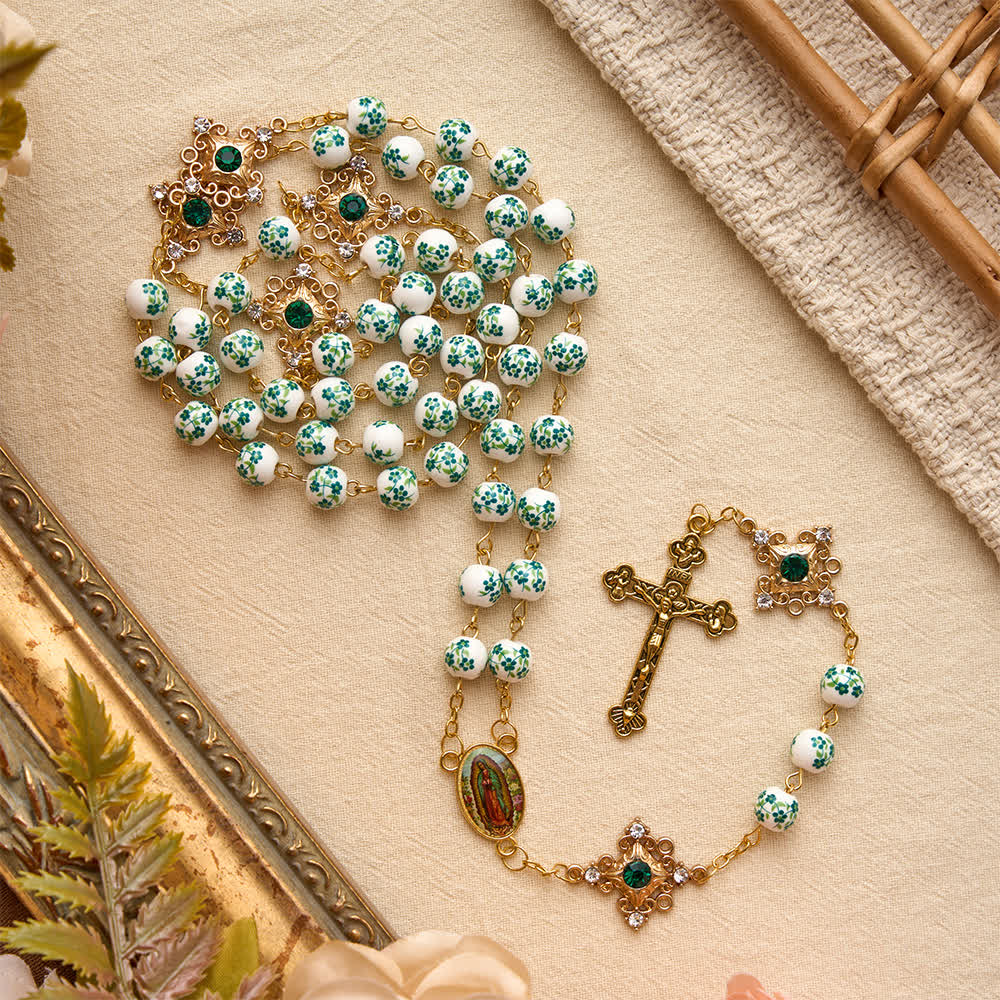 FREE Today: Vintage Green Floral Porcelain Rosary With Jeweled Flower Links: Emblem of Timeless Heavenly Blessing - Green Ceramic Floral Rosary - image 0
