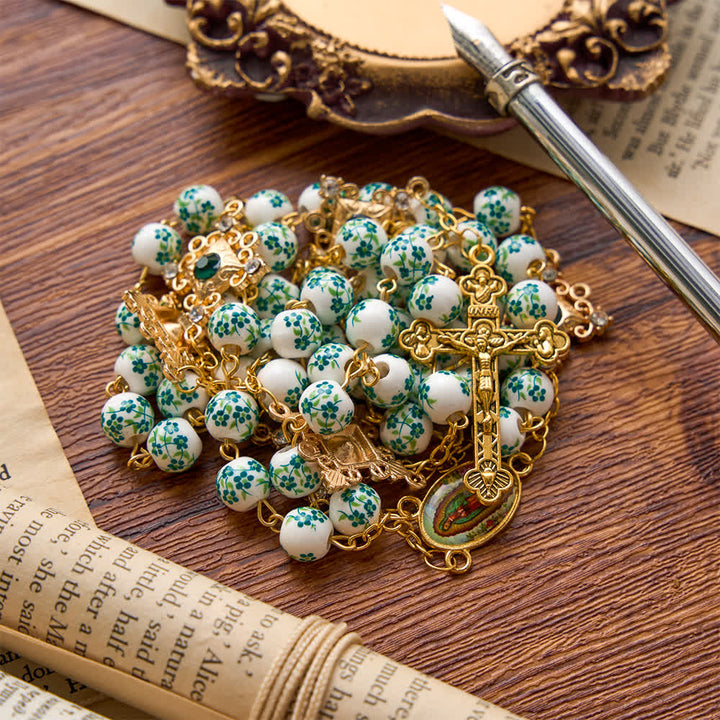 FREE Today: Vintage Green Floral Porcelain Rosary With Jeweled Flower Links: Emblem of Timeless Heavenly Blessing - image 4