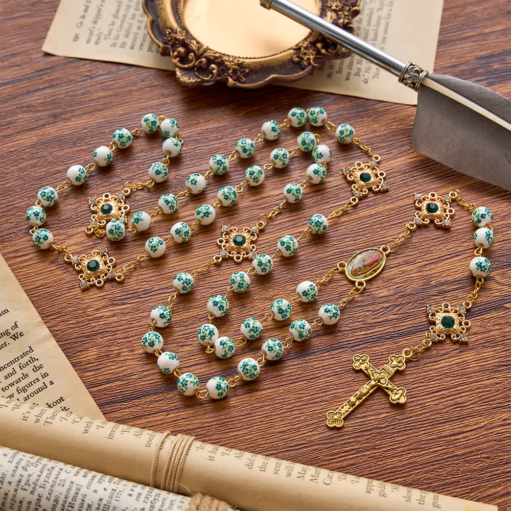 FREE Today: Vintage Green Floral Porcelain Rosary With Jeweled Flower Links: Emblem of Timeless Heavenly Blessing - image 3