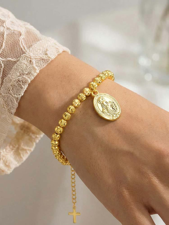 Christianartworkshop Textured Bead‑Chain Medal Bracelet: Token of Sustained Inner Fortitude - Miraculous Medal&Cross-Golden - image 38