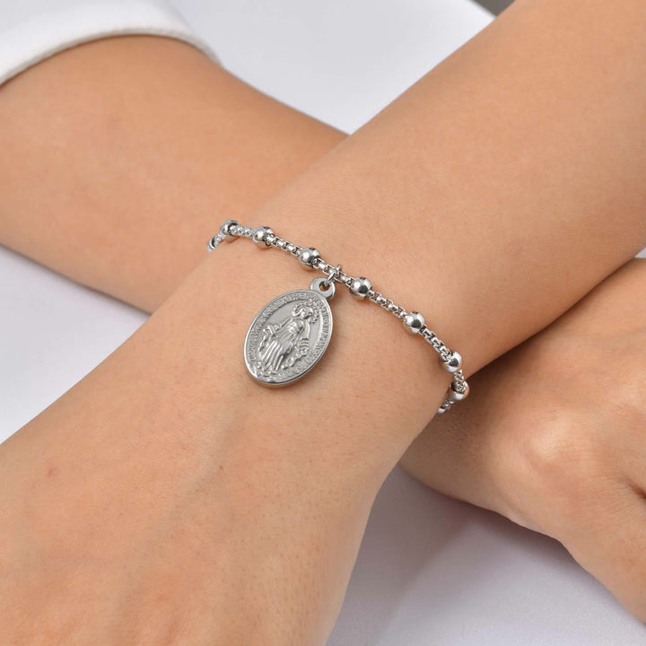 Christianartworkshop Textured Bead‑Chain Medal Bracelet: Token of Sustained Inner Fortitude - Miraculous Medal&Crucifix-Silver - image 26