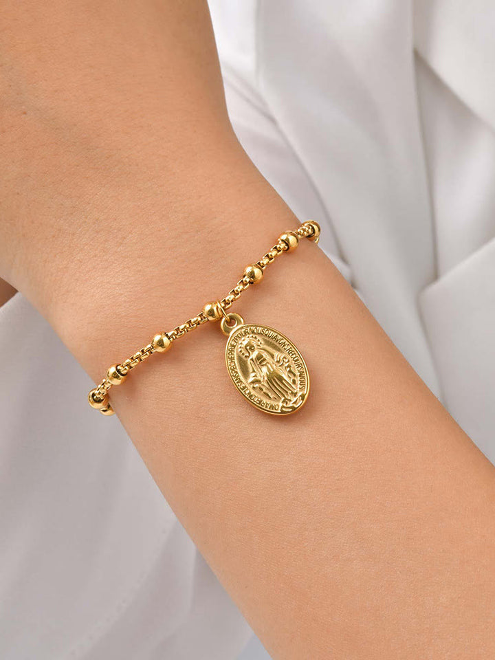 FREE Today: Textured Bead‑Chain Medal Bracelet: Token of Sustained Inner Fortitude - Miraculous Medal&Crucifix-Golden - image 22