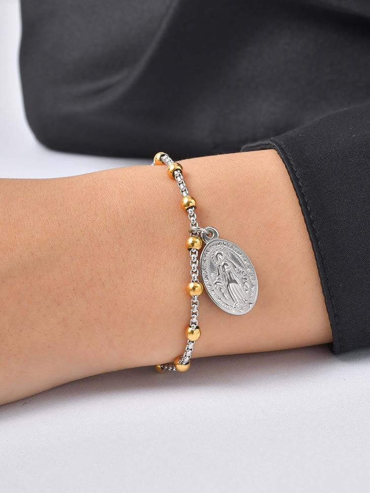 Christianartworkshop Textured Bead‑Chain Medal Bracelet: Token of Sustained Inner Fortitude - Miraculous Medal&Crucifix-Golden/Silver - image 24