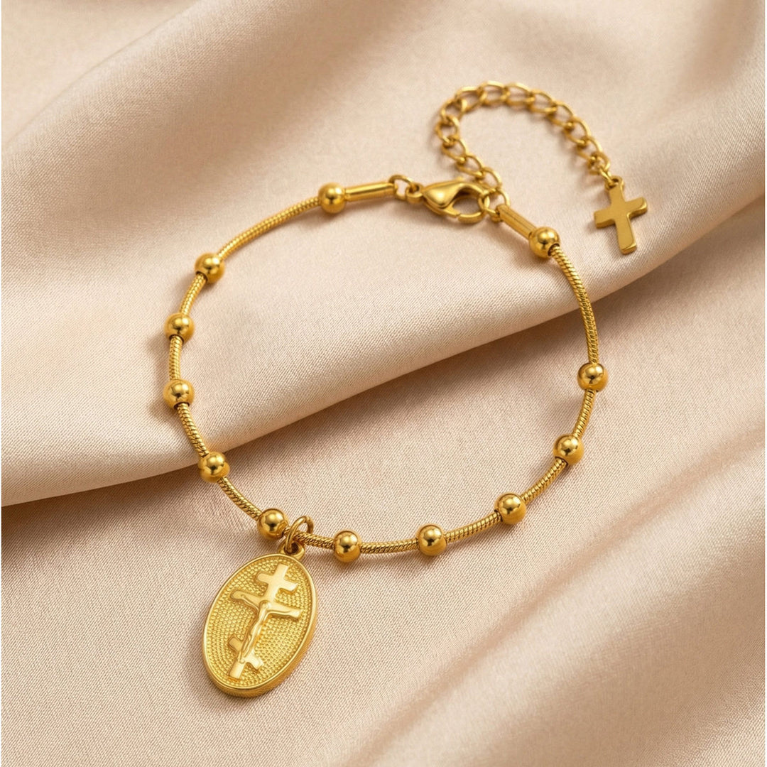 Christianartworkshop Textured Bead‑Chain Medal Bracelet: Token of Sustained Inner Fortitude - image 4
