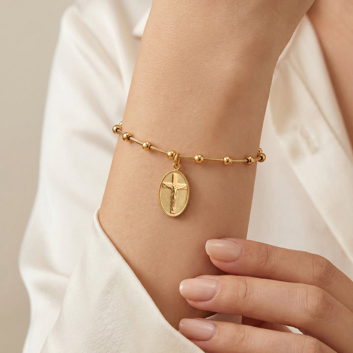 Christianartworkshop Textured Bead‑Chain Medal Bracelet: Token of Sustained Inner Fortitude - Latin Cross-Golden - image 7