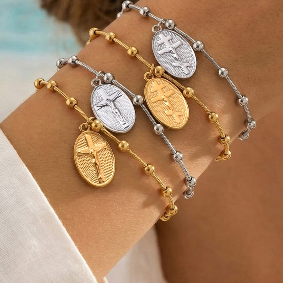 Christianartworkshop Textured Bead‑Chain Medal Bracelet: Token of Sustained Inner Fortitude - image 0