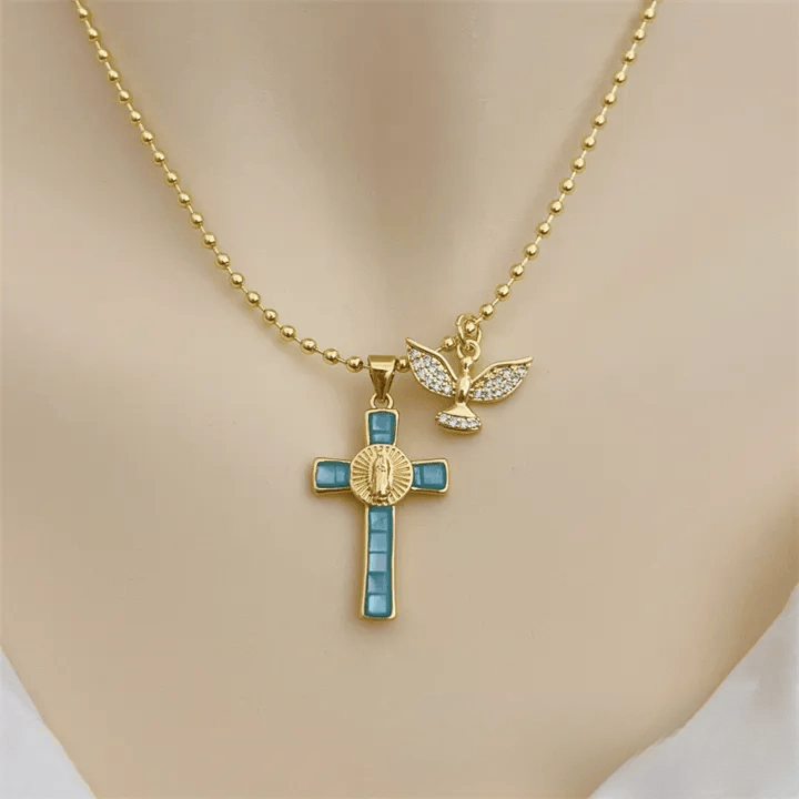 FREE Today: Pastel Inlaid Cross Necklace With Sparkling Wing Charm: Emblem of Soft Heavenly Protection - Lake Blue - image 5