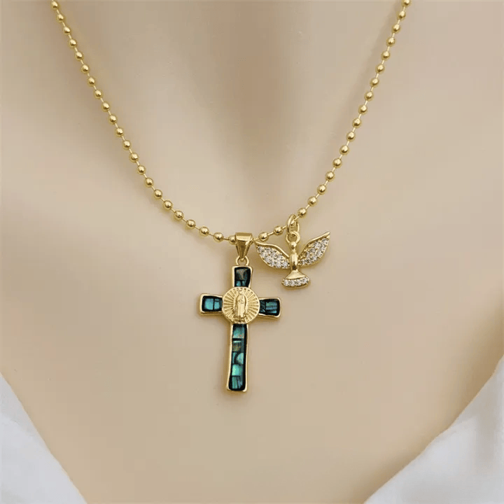 FREE Today: Pastel Inlaid Cross Necklace With Sparkling Wing Charm: Emblem of Soft Heavenly Protection - Dark Green - image 3