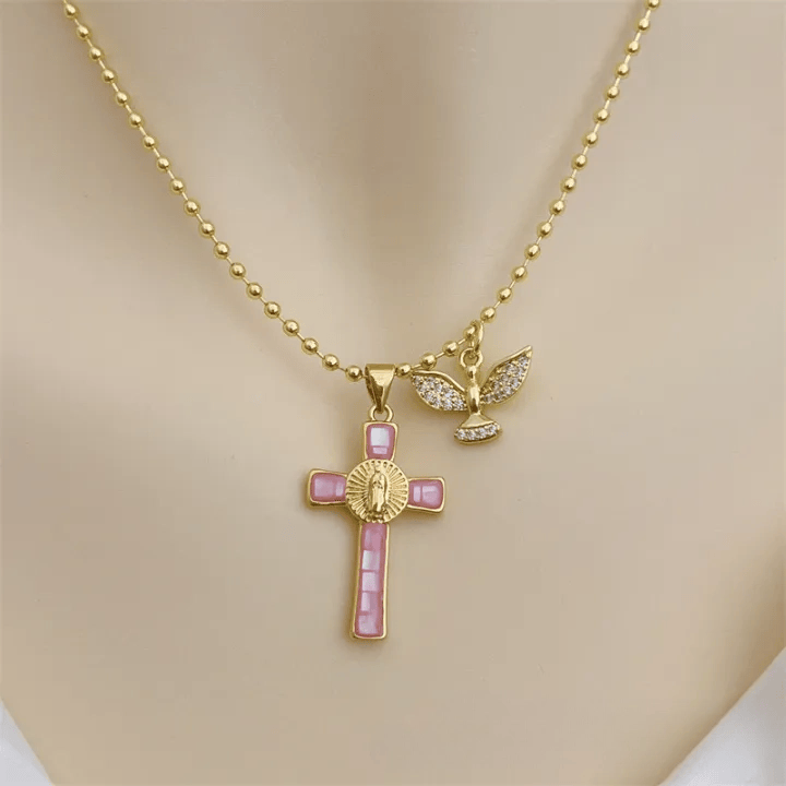 FREE Today: Pastel Inlaid Cross Necklace With Sparkling Wing Charm: Emblem of Soft Heavenly Protection - Light Pink - image 1