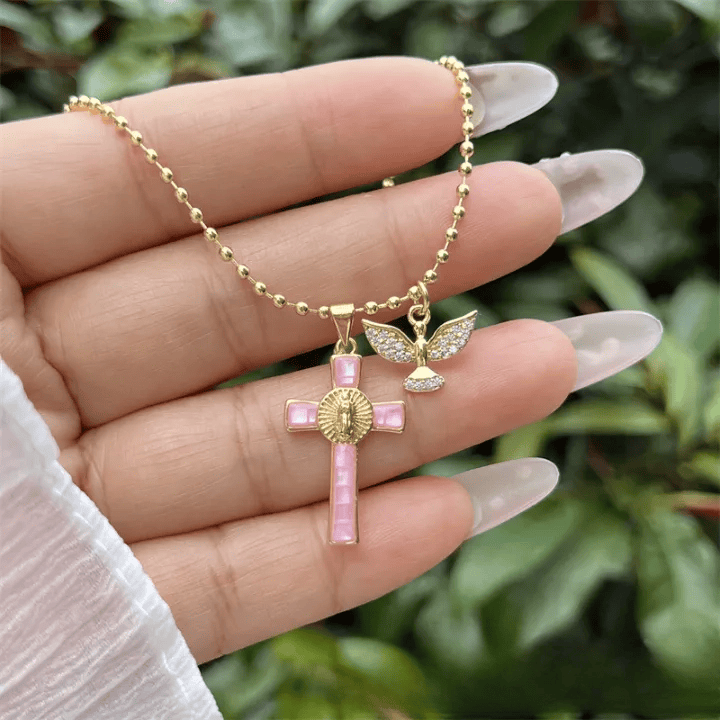 FREE Today: Pastel Inlaid Cross Necklace With Sparkling Wing Charm: Emblem of Soft Heavenly Protection - image 2