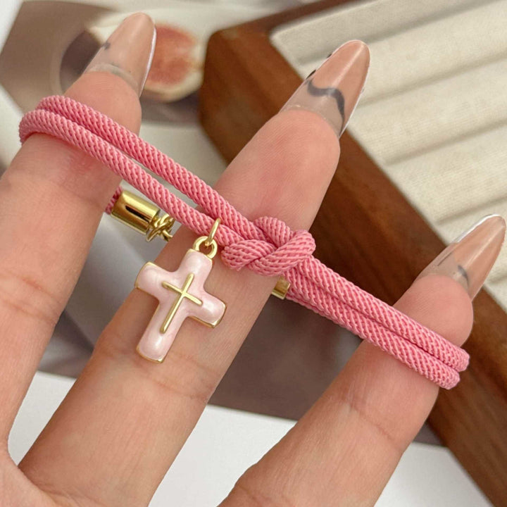 Christianartworkshop Soft Knotted Cord Cross Charm Bracelet: Emblem of Gentle Heavenly Comfort - Pink - image 7
