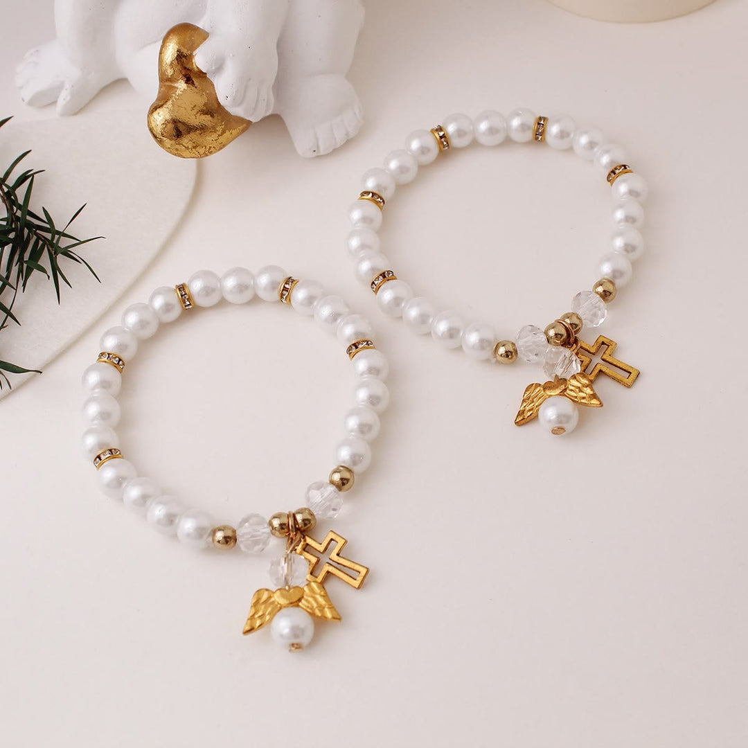 Christianartworkshop Lustrous Pearl Beaded Cross Stretch Bracelet: Emblem of Pure Heavenly Purity - image 2