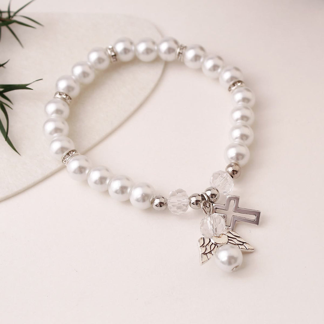 Christianartworkshop Lustrous Pearl Beaded Cross Stretch Bracelet: Emblem of Pure Heavenly Purity - Silver - image 5
