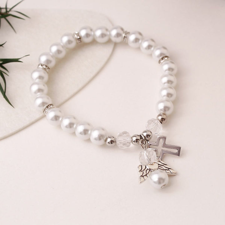Christianartworkshop Lustrous Pearl Beaded Cross Stretch Bracelet: Emblem of Pure Heavenly Purity - Silver - image 5