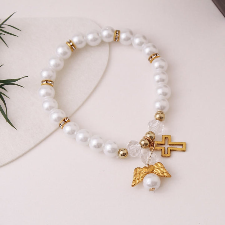 Christianartworkshop Lustrous Pearl Beaded Cross Stretch Bracelet: Emblem of Pure Heavenly Purity - image 3