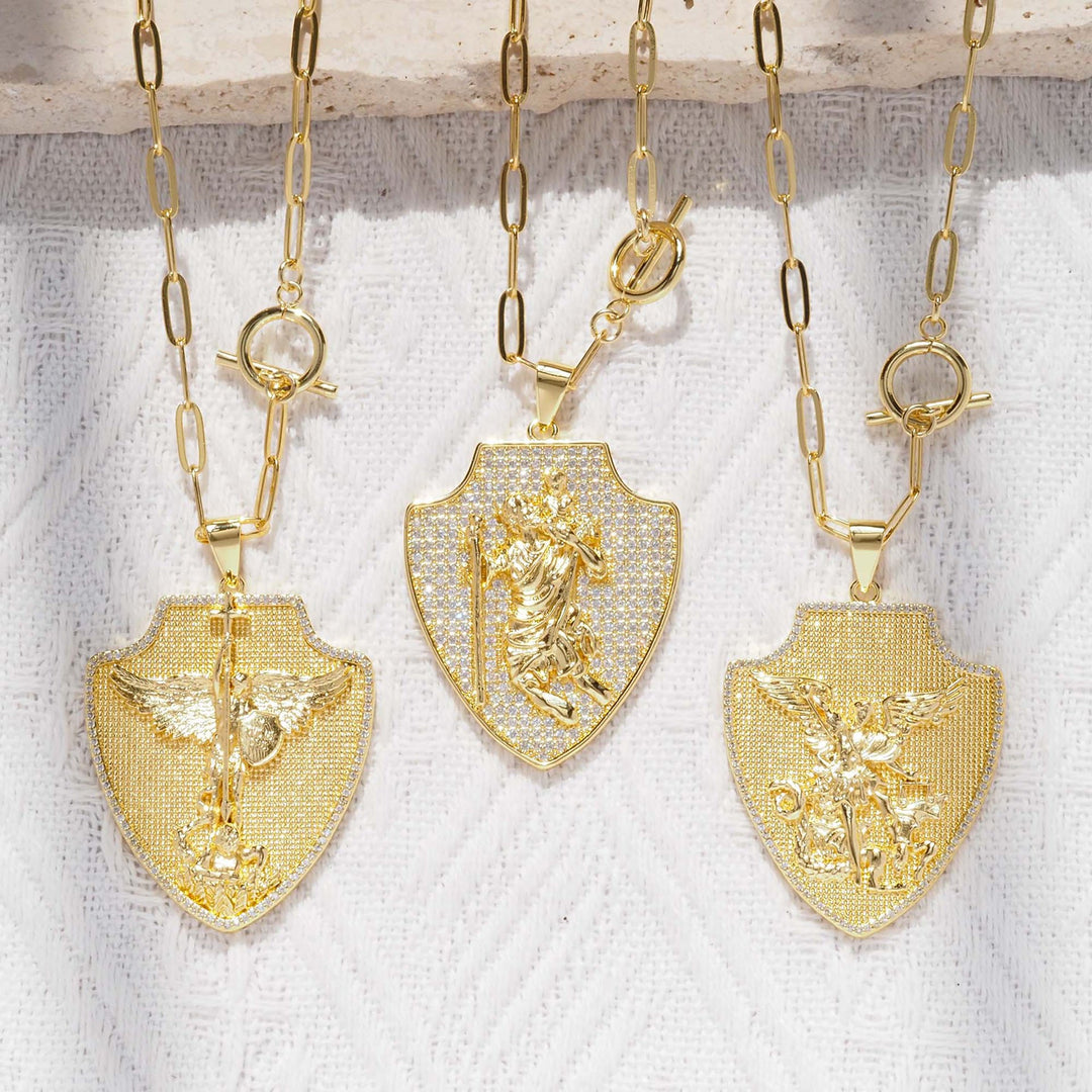 Christianartworkshop Ornate Shield‑Shaped Saint Pendant Necklace: Emblem of Mighty Heavenly Protection - image 0