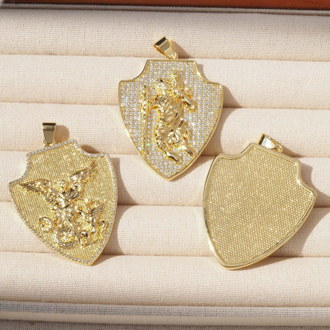 Christianartworkshop Ornate Shield‑Shaped Saint Pendant Necklace: Emblem of Mighty Heavenly Protection - image 1