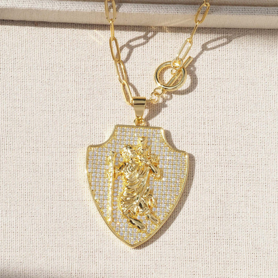 Christianartworkshop Ornate Shield‑Shaped Saint Pendant Necklace: Emblem of Mighty Heavenly Protection - Full Pave Shield St. Christopher Pendant - image 4