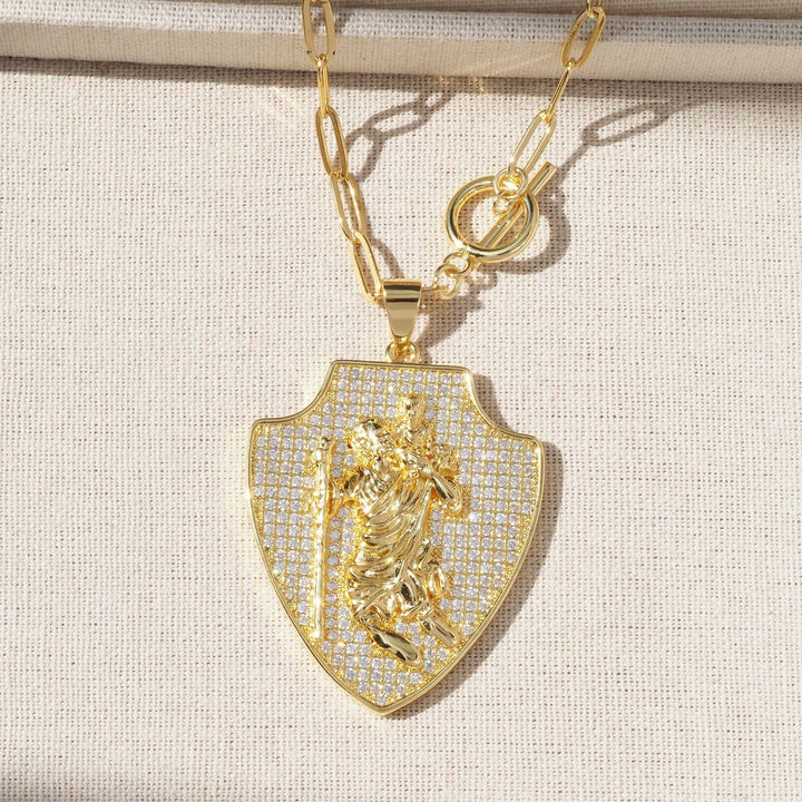 Christianartworkshop Ornate Shield‑Shaped Saint Pendant Necklace: Emblem of Mighty Heavenly Protection - Full Pave Shield St. Christopher Pendant - image 4