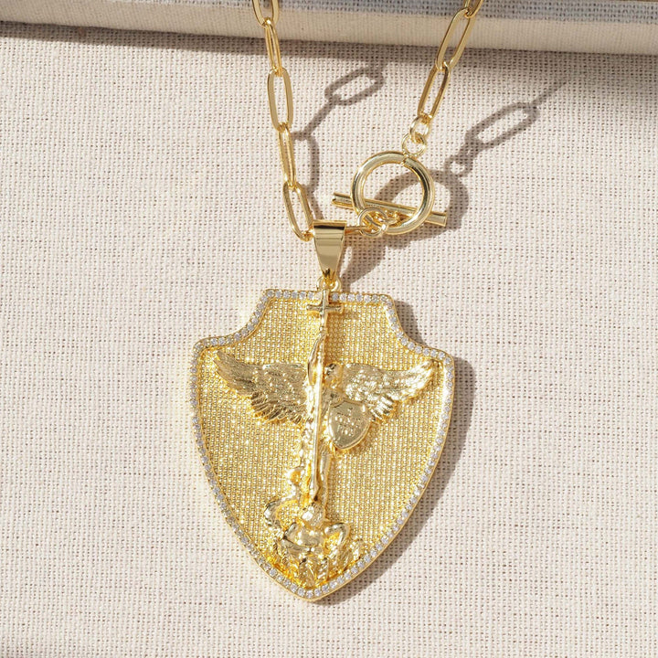Christianartworkshop Ornate Shield‑Shaped Saint Pendant Necklace: Emblem of Mighty Heavenly Protection - Shield Border Pave St. Michael Pendant - image 2