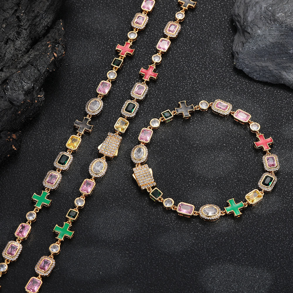 Christianartworkshop Ornate Multi‑Stone Cross Interlocking Chain: Token of Abiding Watchful Safeguard - Bracelet - Golden - 20''/51cm - image 9