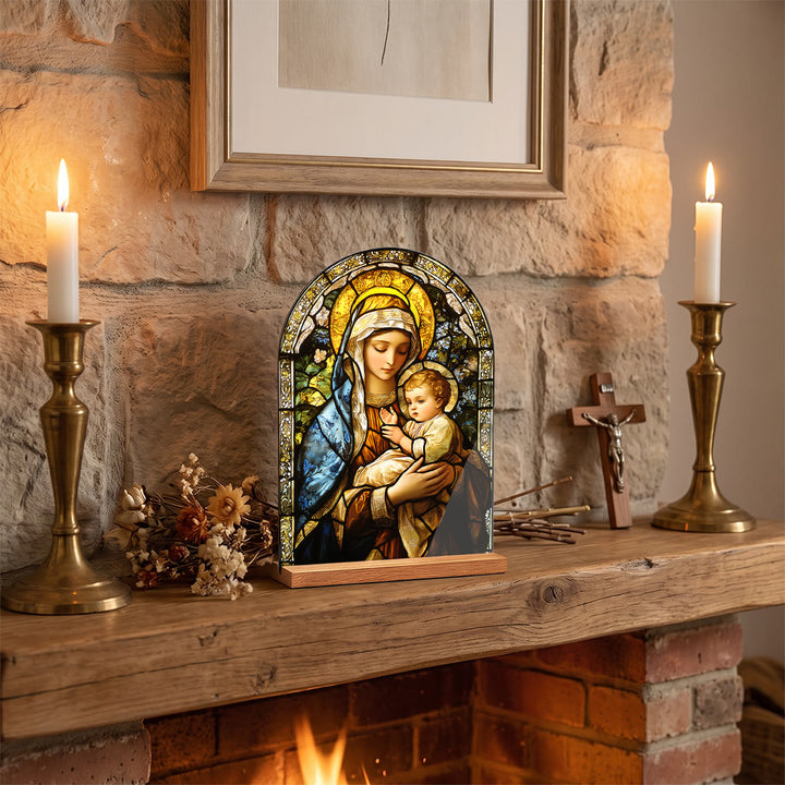 Christianartworkshop Stained‑Glass Arched Desktop Plaque With Wooden Stand: Emblem of Gentle Heavenly Radiance - Mary - image 4