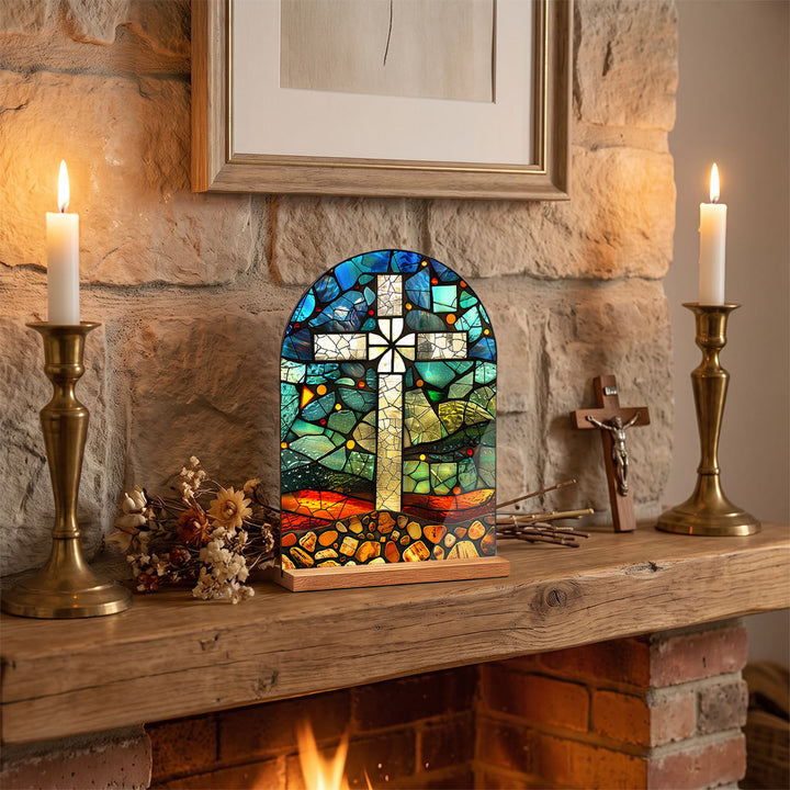 Christianartworkshop Stained‑Glass Arched Desktop Plaque With Wooden Stand: Emblem of Gentle Heavenly Radiance - Cross - image 2