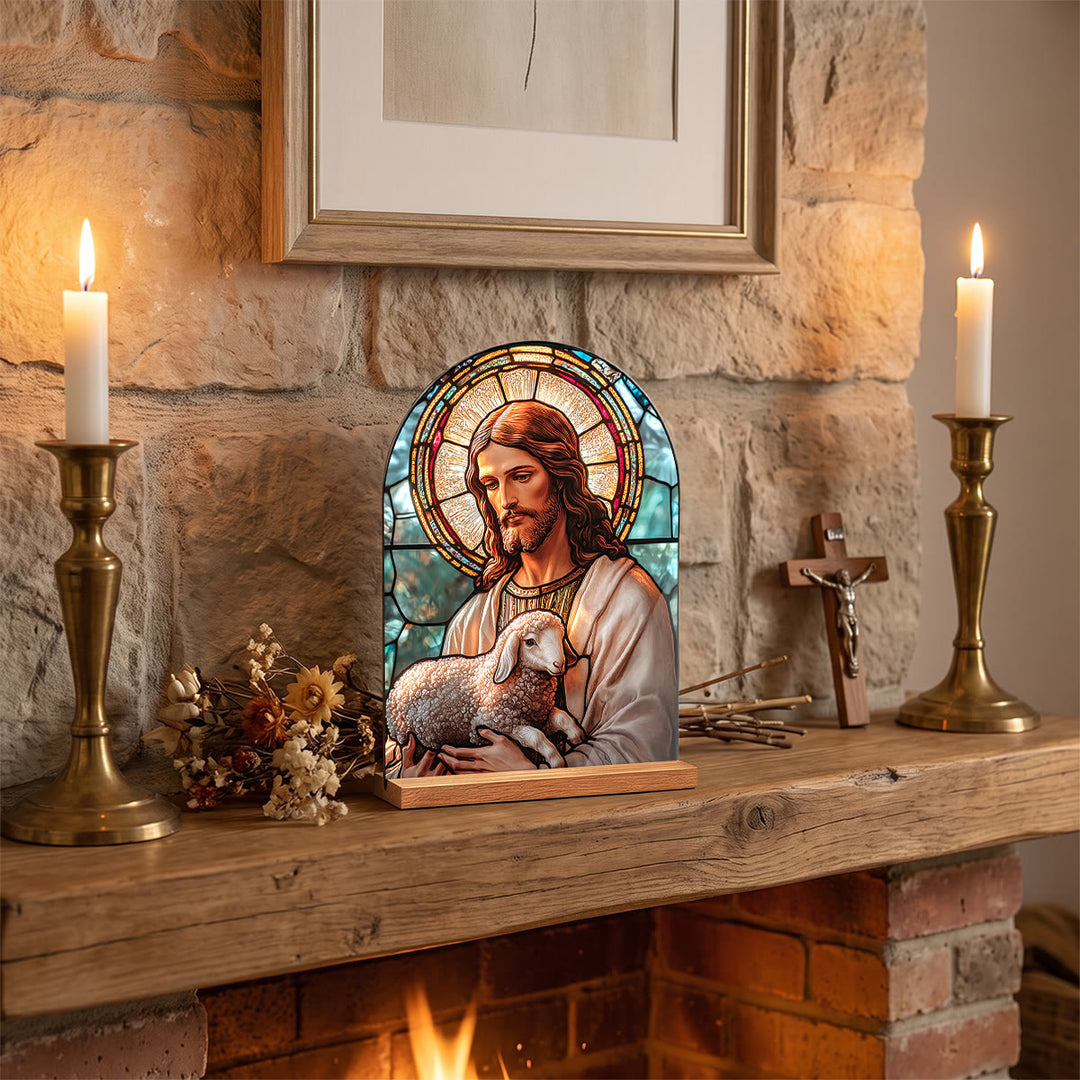 Christianartworkshop Stained‑Glass Arched Desktop Plaque With Wooden Stand: Emblem of Gentle Heavenly Radiance - Jesus - image 0