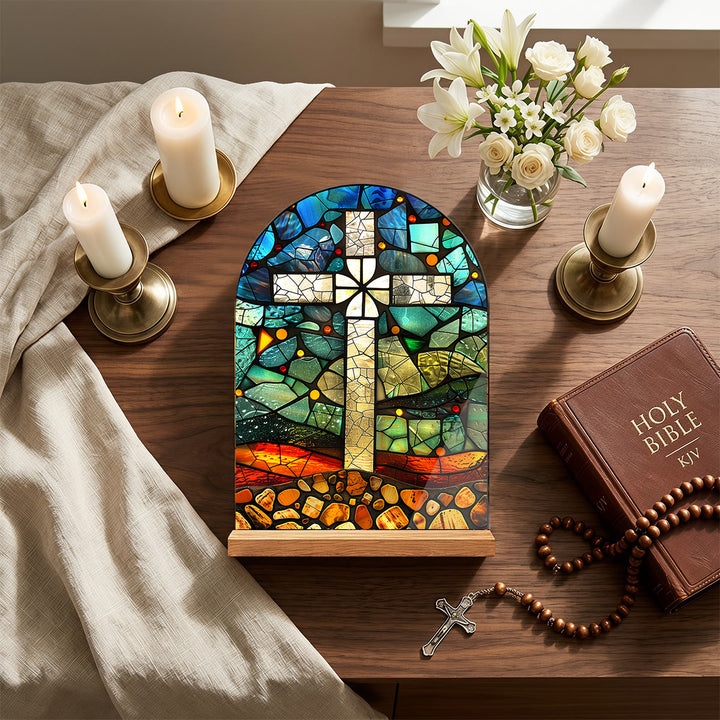 Christianartworkshop Stained‑Glass Arched Desktop Plaque With Wooden Stand: Emblem of Gentle Heavenly Radiance - image 3