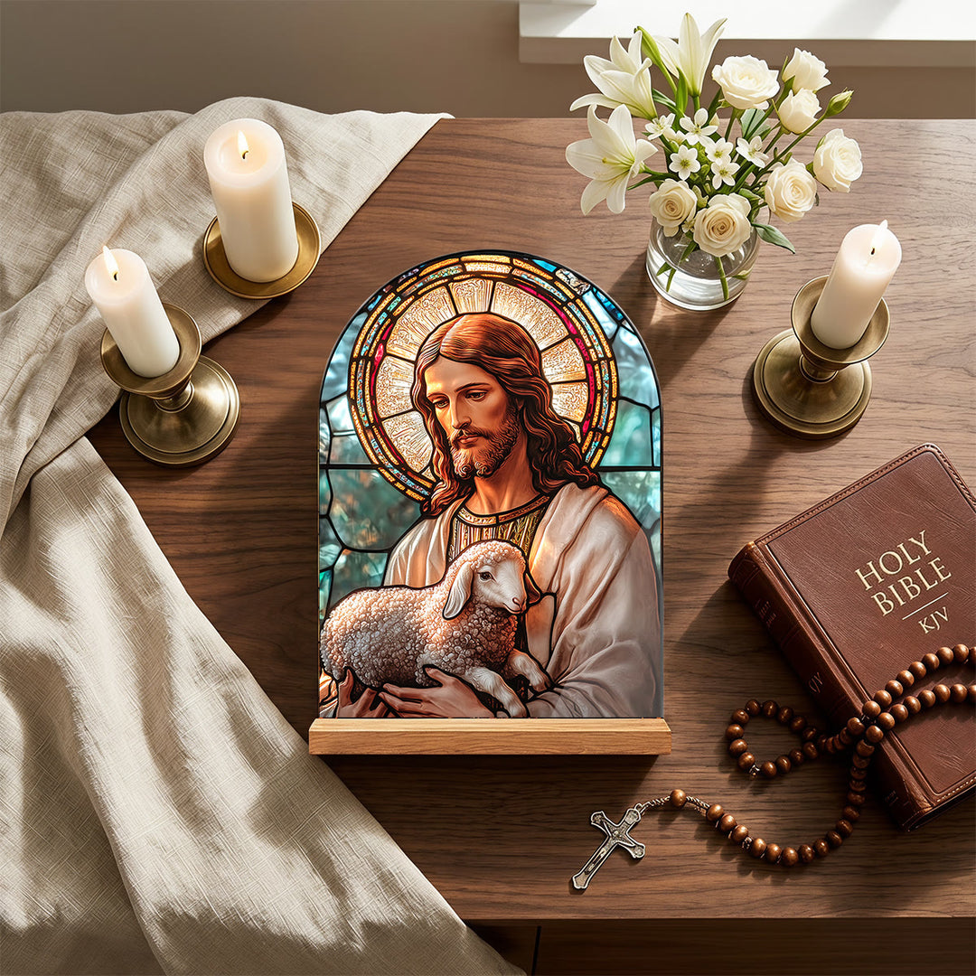 Christianartworkshop Stained‑Glass Arched Desktop Plaque With Wooden Stand: Emblem of Gentle Heavenly Radiance - image 1