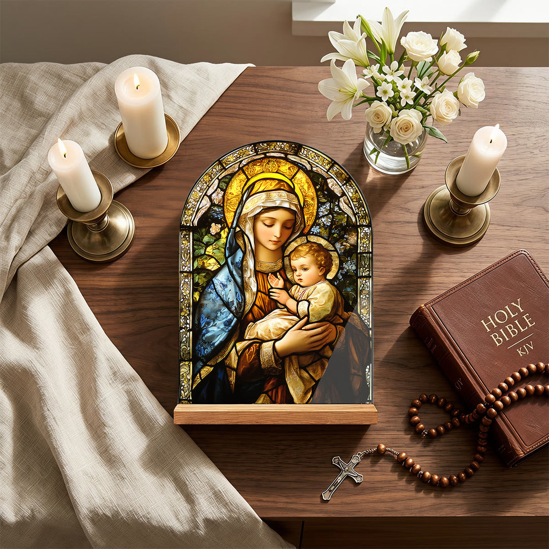 Christianartworkshop Stained‑Glass Arched Desktop Plaque With Wooden Stand: Emblem of Gentle Heavenly Radiance - image 5