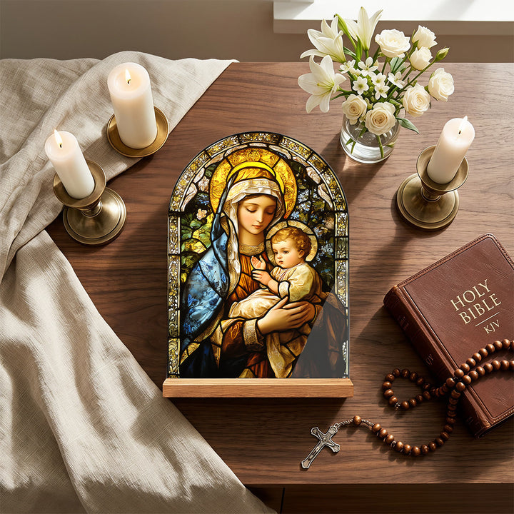 Christianartworkshop Stained‑Glass Arched Desktop Plaque With Wooden Stand: Emblem of Gentle Heavenly Radiance - image 5