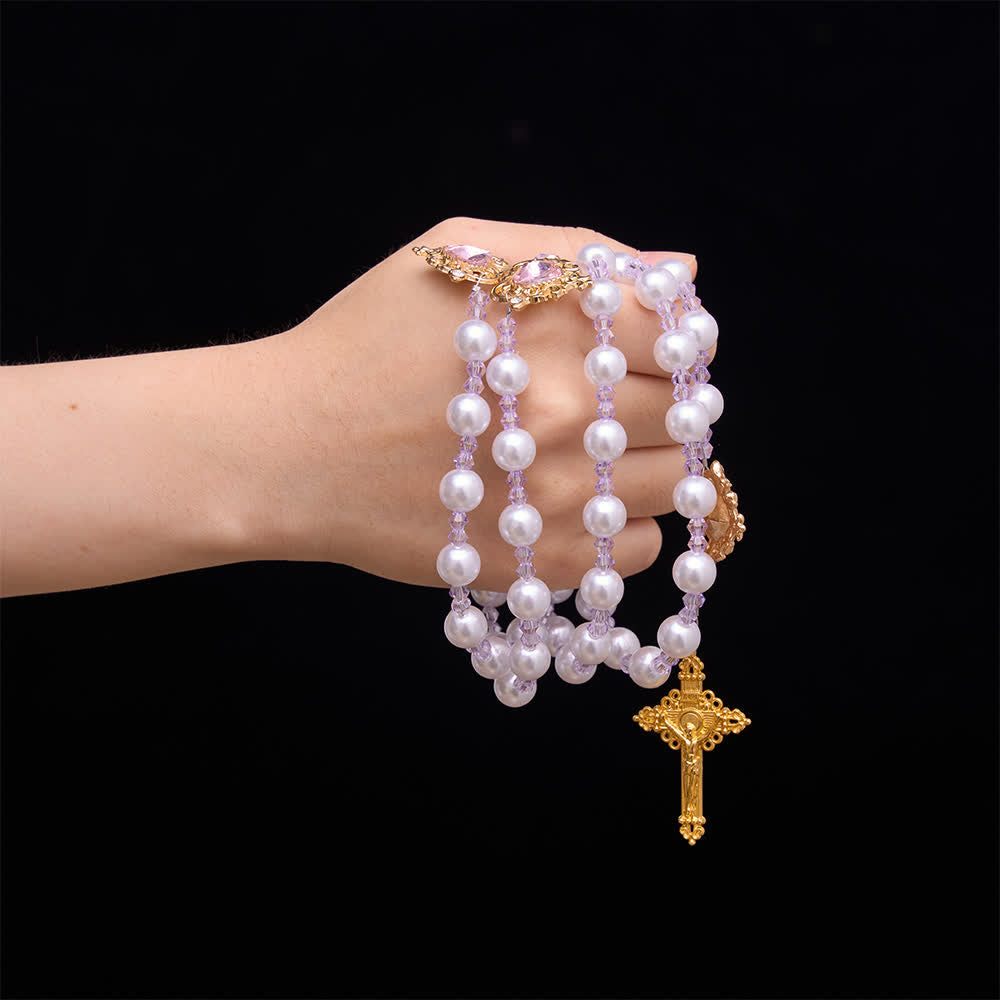 Christianartworkshop Lustrous Pearl‑Imitation Rosary With Vintage Gilt INRI Carved Cross & Sacred Medallion - image 1