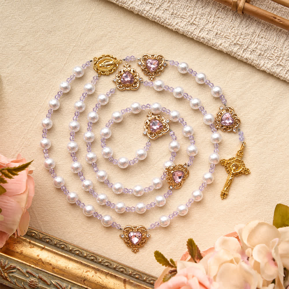 Christianartworkshop Lustrous Pearl‑Imitation Rosary With Vintage Gilt INRI Carved Cross & Sacred Medallion - Pink Heart-Themed Rosary - image 0