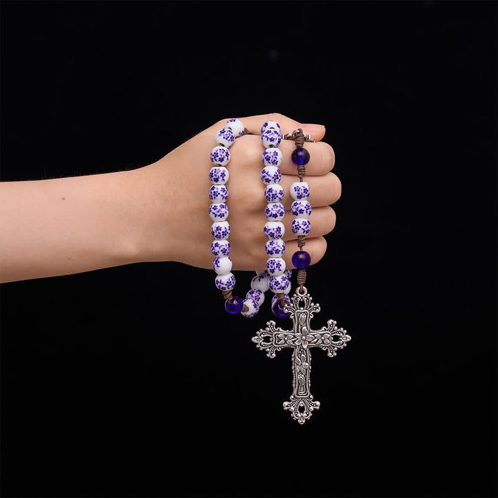 Christianartworkshop Floral Blue‑and‑White Porcelain Rosary With Floral Silver Cross & Virgin Mary Medal - image 1