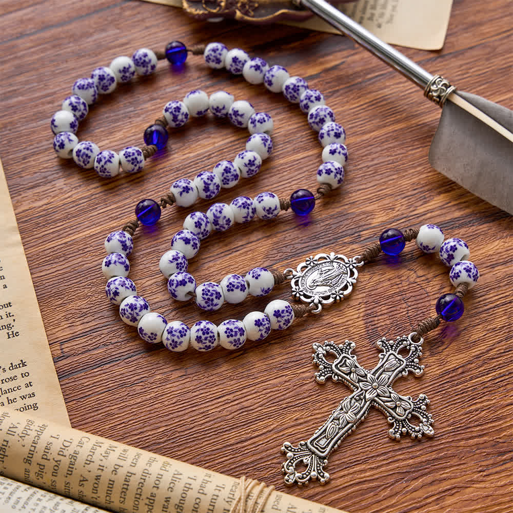 Christianartworkshop Floral Blue‑and‑White Porcelain Rosary With Floral Silver Cross & Virgin Mary Medal - Blue-and-White Porcelain Rosary - image 0