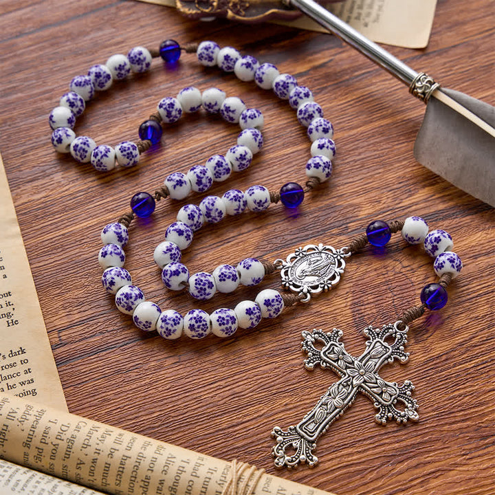 Christianartworkshop Floral Blue‑and‑White Porcelain Rosary With Floral Silver Cross & Virgin Mary Medal - Blue-and-White Porcelain Rosary - image 0
